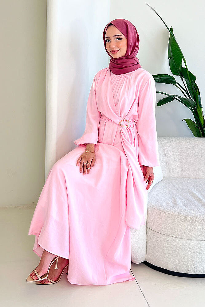 Althea Anvelop Tokalı Bağlamalı Elbise - Pembe - İKOL (1)