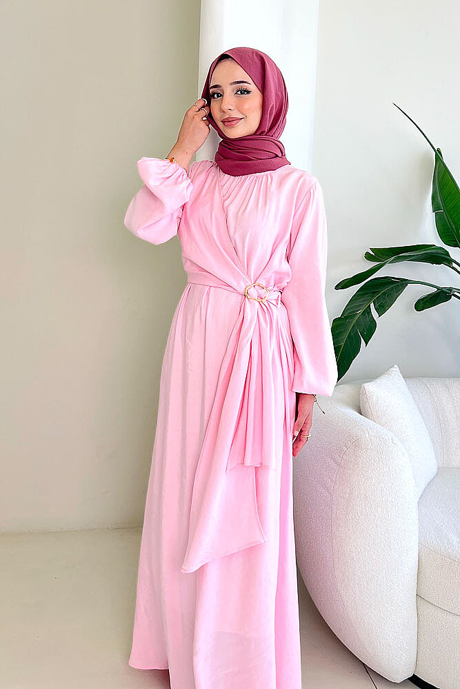 Althea Anvelop Tokalı Bağlamalı Elbise - Pembe - 3