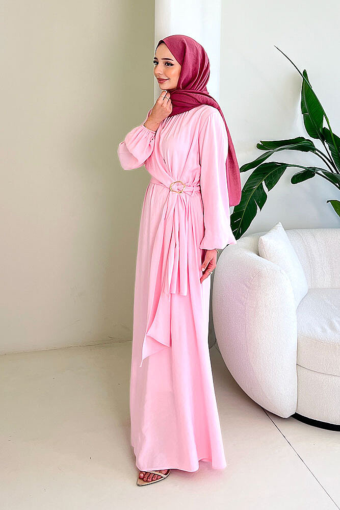 Althea Anvelop Tokalı Bağlamalı Elbise - Pembe - İKOL (5)