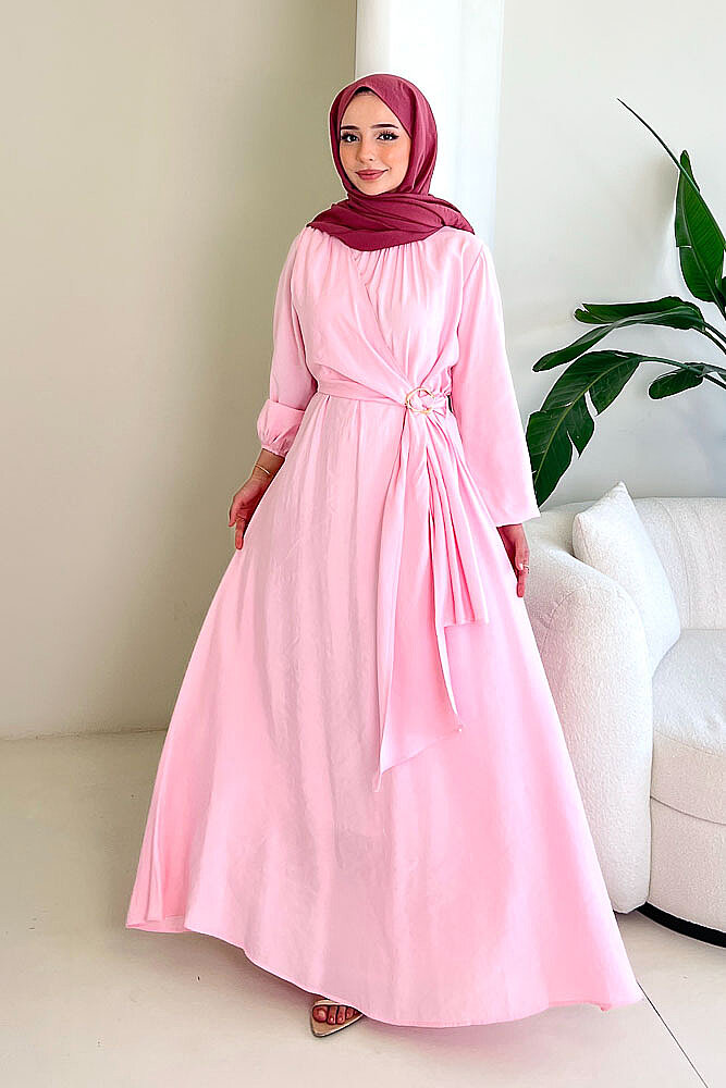 Althea Anvelop Tokalı Bağlamalı Elbise - Pembe - İKOL (0)