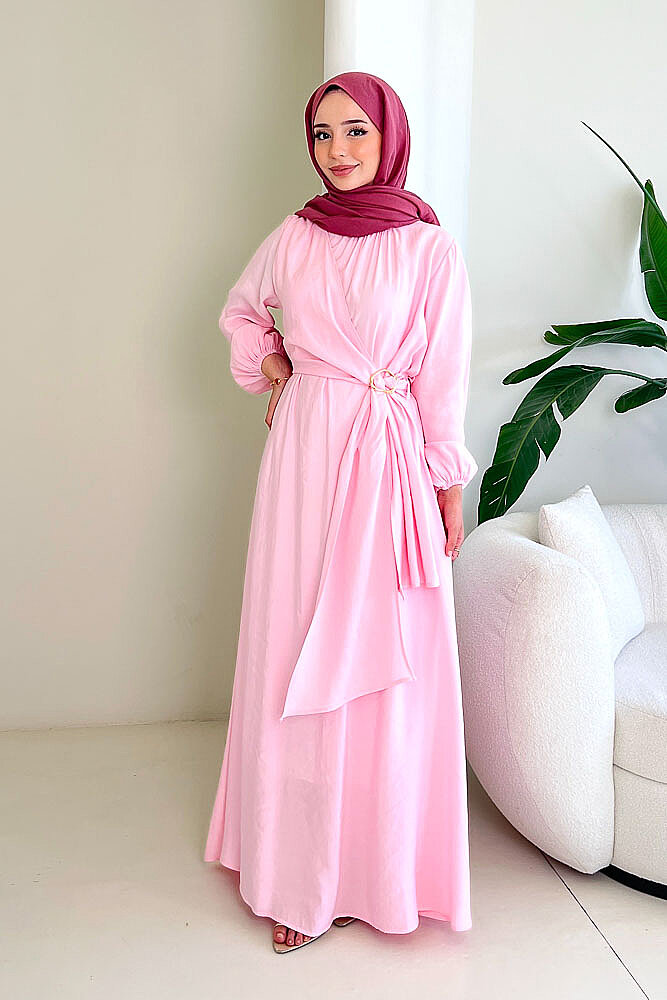 Althea Anvelop Tokalı Bağlamalı Elbise - Pembe - İKOL (3)