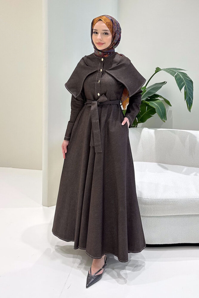 Alvera Mendil Yaka Kemerli Elbise - Kahverengi - 5