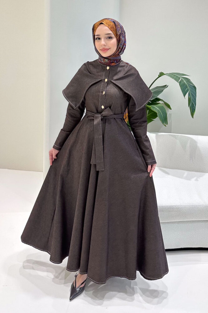 Alvera Mendil Yaka Kemerli Elbise - Kahverengi - HEWES (5)