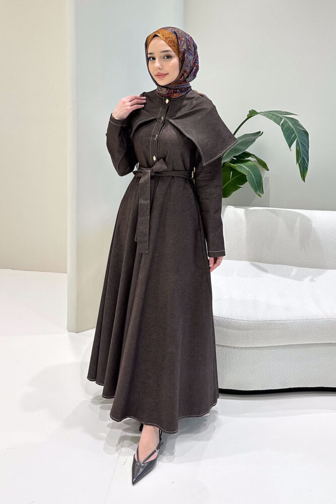 Alvera Mendil Yaka Kemerli Elbise - Kahverengi - HEWES (2)