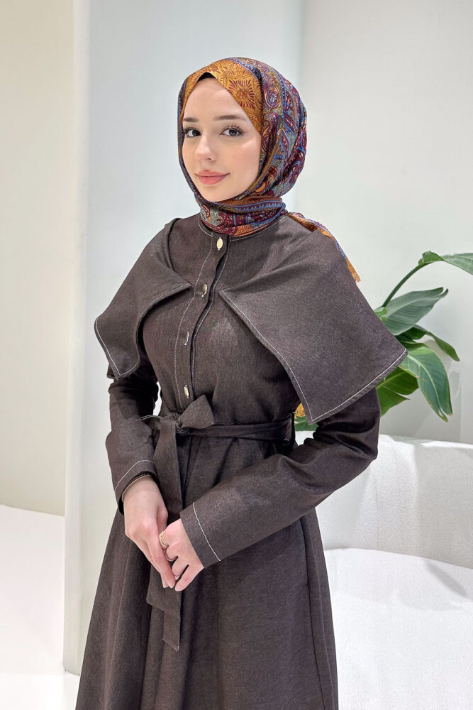 Alvera Mendil Yaka Kemerli Elbise - Kahverengi - 2