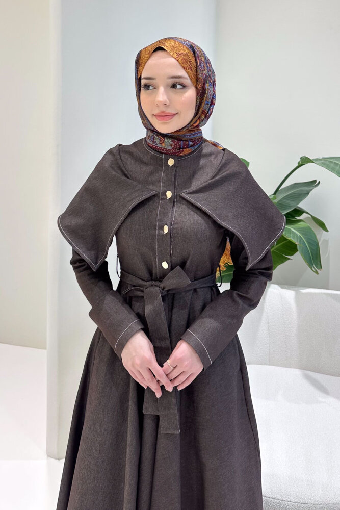 Alvera Mendil Yaka Kemerli Elbise - Kahverengi - 10