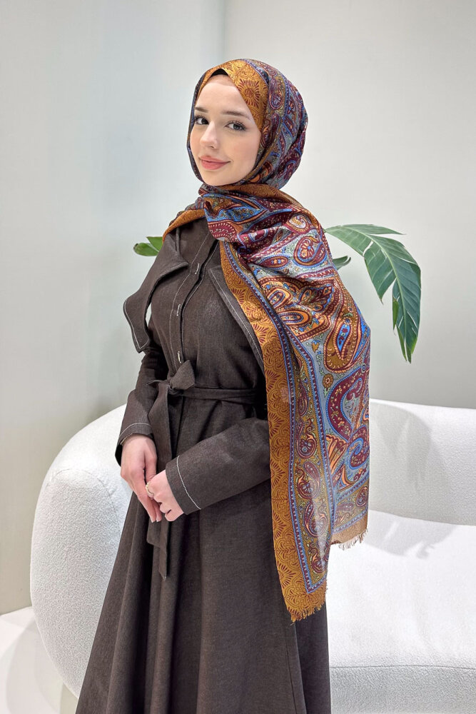 Alvera Mendil Yaka Kemerli Elbise - Kahverengi - 7