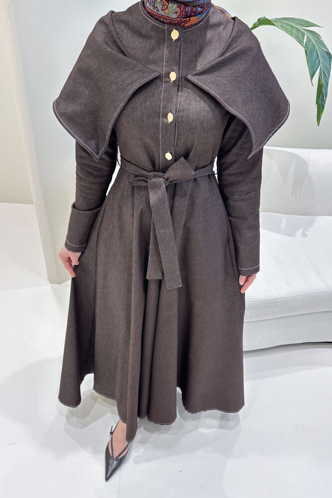 Alvera Mendil Yaka Kemerli Elbise - Kahverengi - HEWES (3)