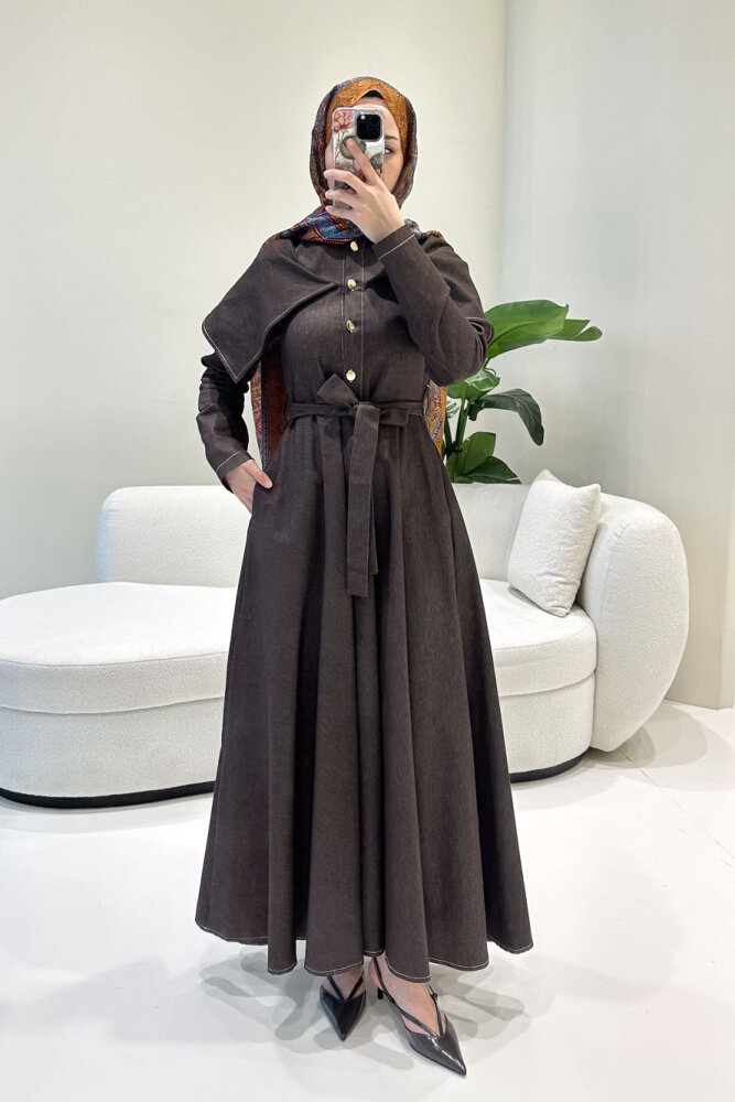 Alvera Mendil Yaka Kemerli Elbise - Kahverengi - HEWES (0)