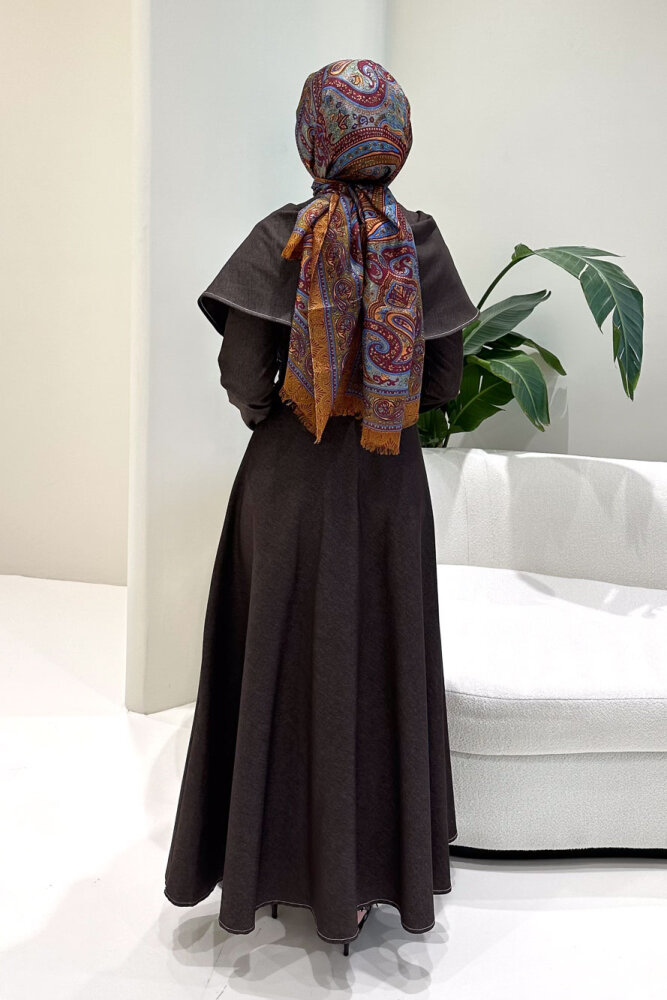 Alvera Mendil Yaka Kemerli Elbise - Kahverengi - 9