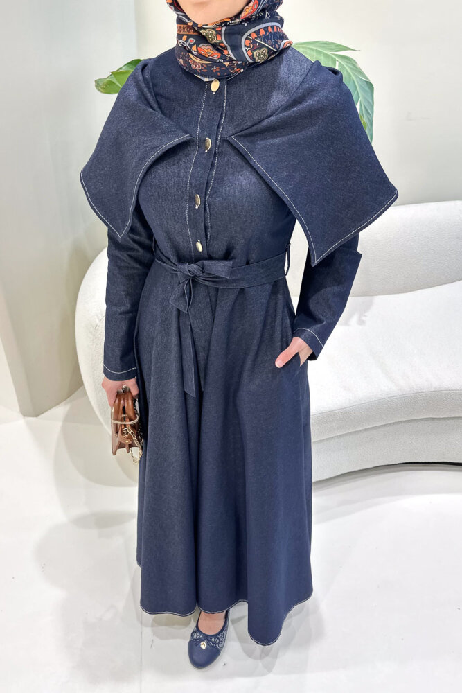 Alvera Mendil Yaka Kemerli Elbise - Lacivert - HEWES (2)