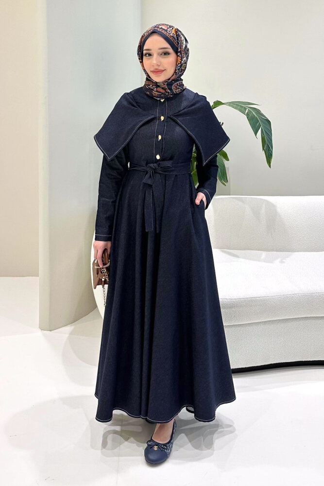 Alvera Mendil Yaka Kemerli Elbise - Lacivert - 1