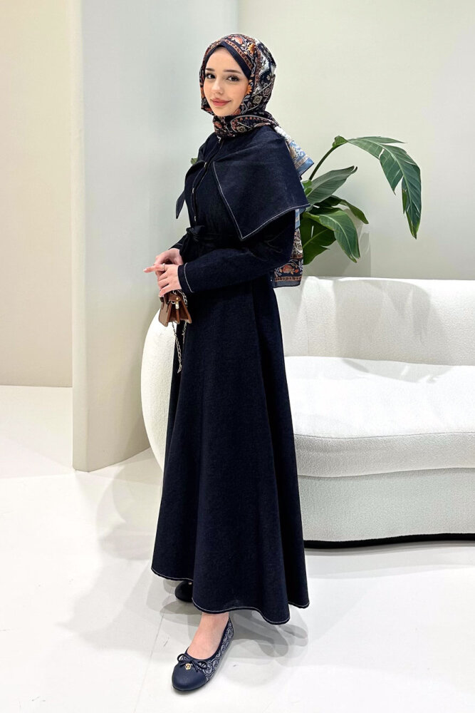 Alvera Mendil Yaka Kemerli Elbise - Lacivert - 4