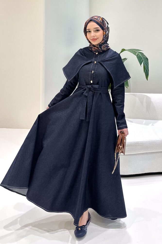 Alvera Mendil Yaka Kemerli Elbise - Lacivert - 8
