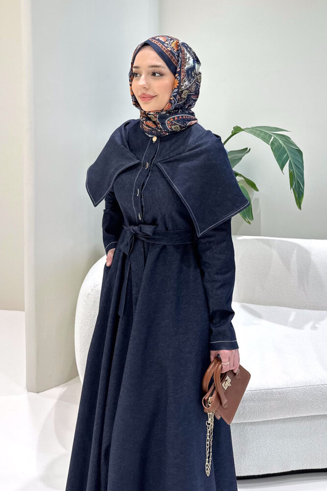 Alvera Mendil Yaka Kemerli Elbise - Lacivert - 5