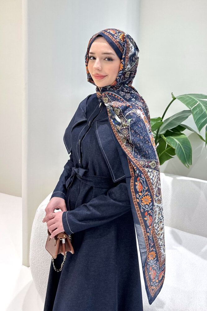 Alvera Mendil Yaka Kemerli Elbise - Lacivert - 2