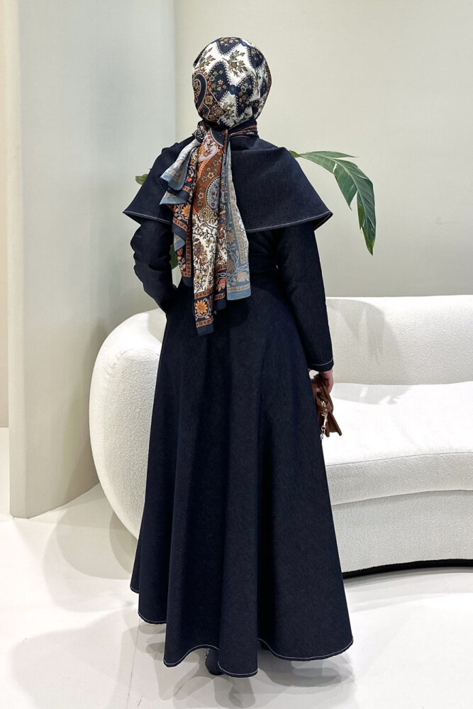 Alvera Mendil Yaka Kemerli Elbise - Lacivert - 7