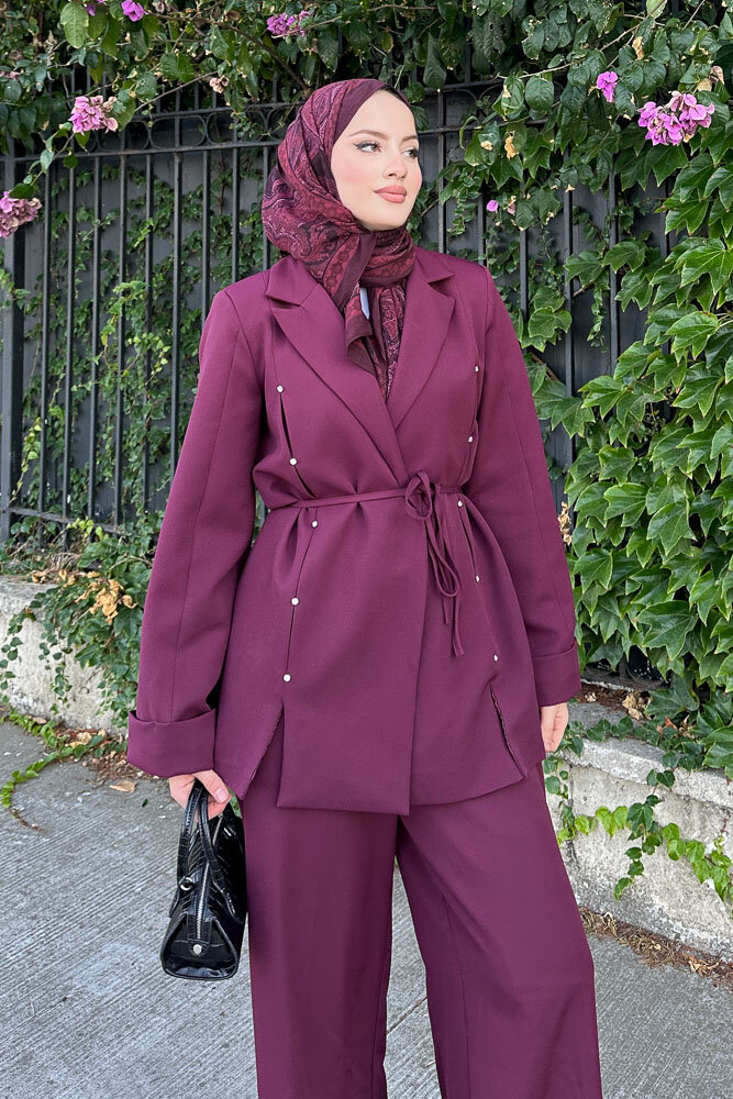 Amour Derin Pensli Taşlı Takım - Burgonya - 6