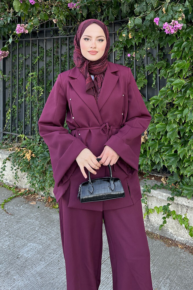 Amour Derin Pensli Taşlı Takım - Burgonya - 3