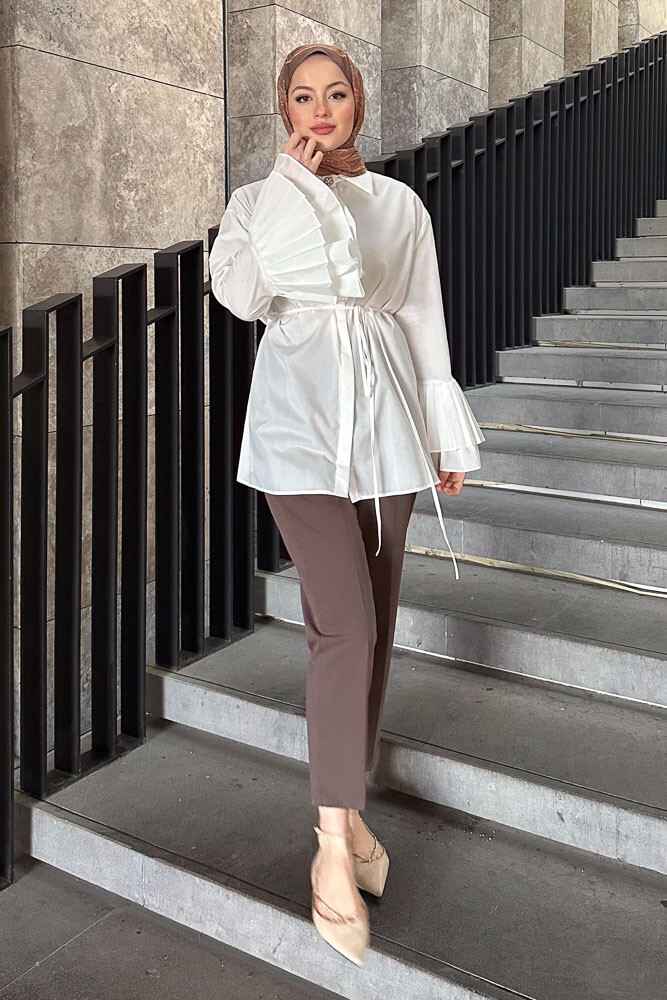 Apollo Kolları Fırfırlı Gömlek - Ekru - HENZA (1)