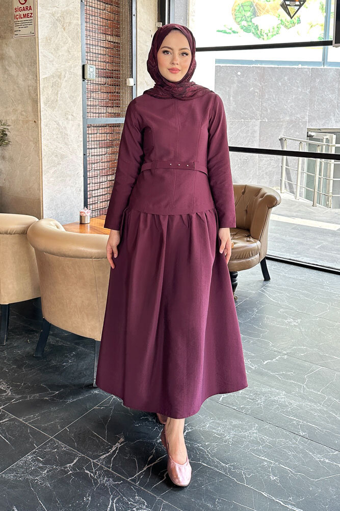 Aria Kemerli Elbise - Bordo - 4