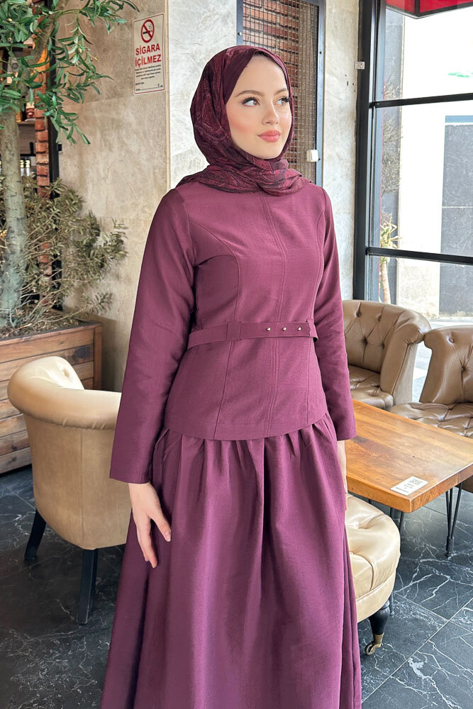 Aria Kemerli Elbise - Bordo - HEWES (1)