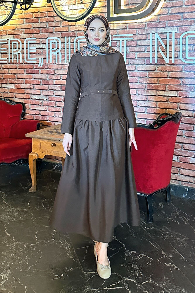 Aria Kemerli Elbise - Kahverengi - 4