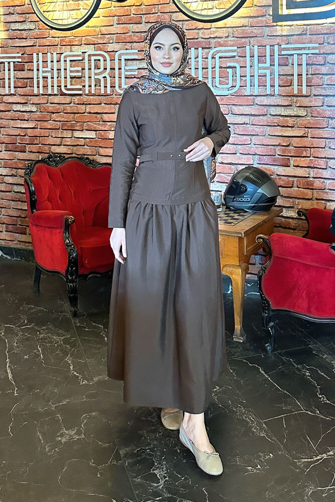 Aria Kemerli Elbise - Kahverengi - HEWES (5)