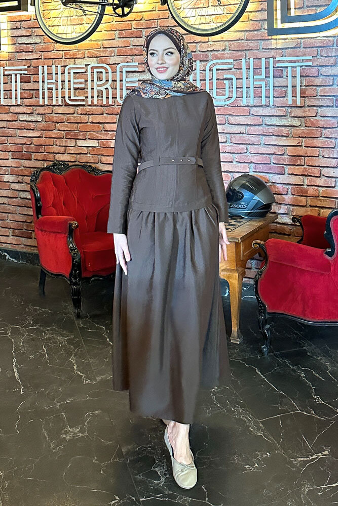 Aria Kemerli Elbise - Kahverengi 