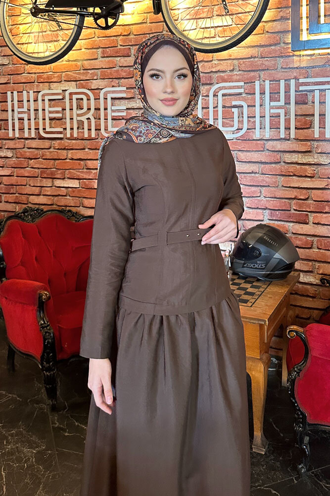 Aria Kemerli Elbise - Kahverengi - 8