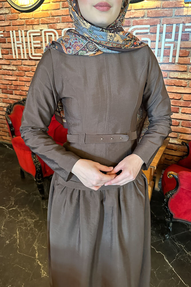 Aria Kemerli Elbise - Kahverengi - 3