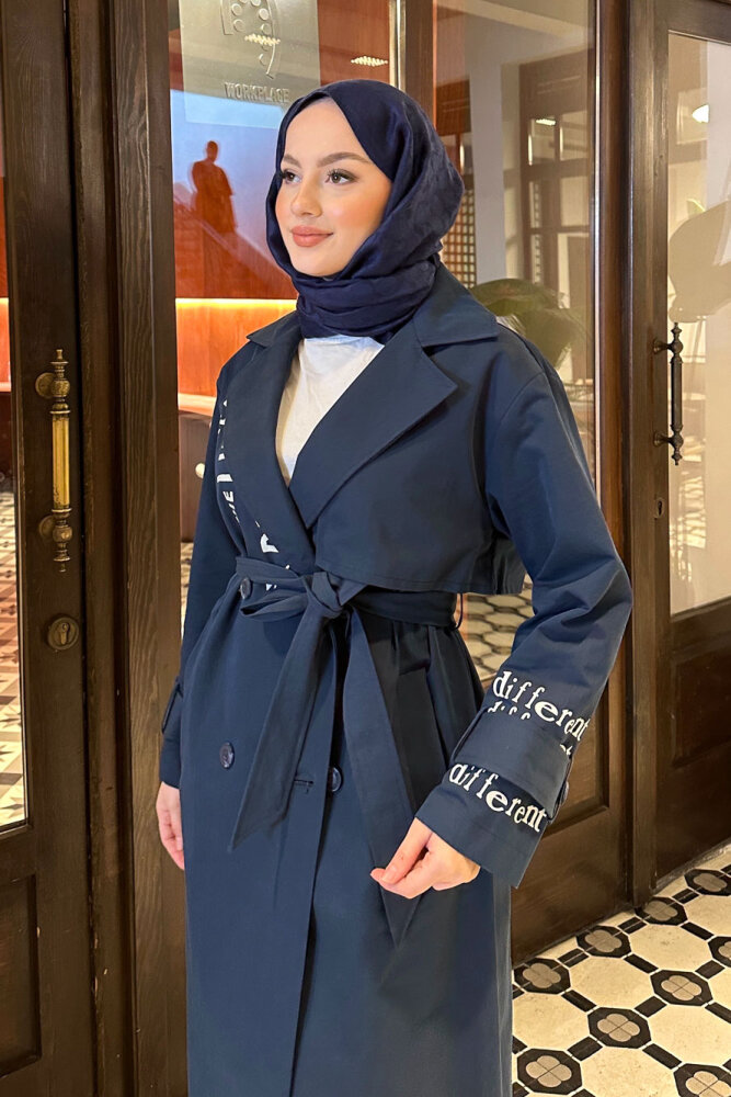 Zayne Kol Kemerli Trençkot - Lacivert - 6