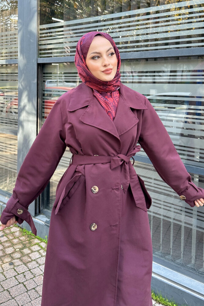 Arka Pile Detaylı Trençkot - Bordo - HENZA (2)