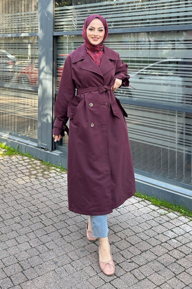 Arka Pile Detaylı Trençkot - Bordo - 4