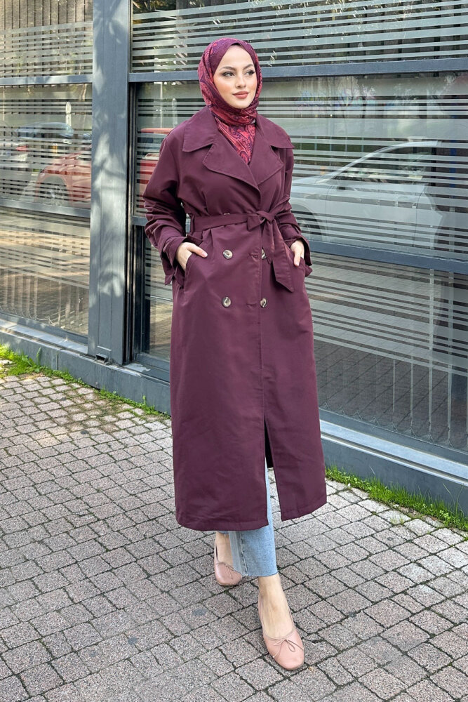 Arka Pile Detaylı Trençkot - Bordo - 8