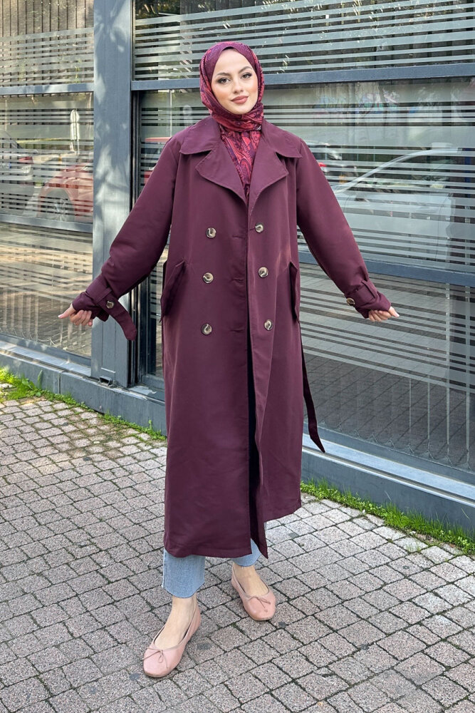 Arka Pile Detaylı Trençkot - Bordo - HENZA (0)