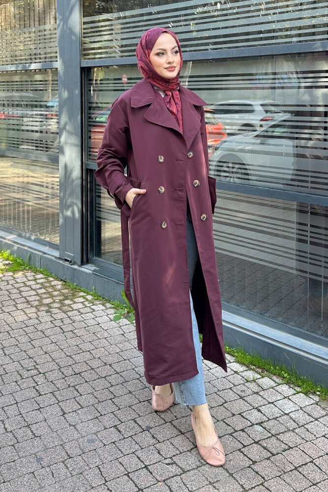 Arka Pile Detaylı Trençkot - Bordo - HENZA (4)