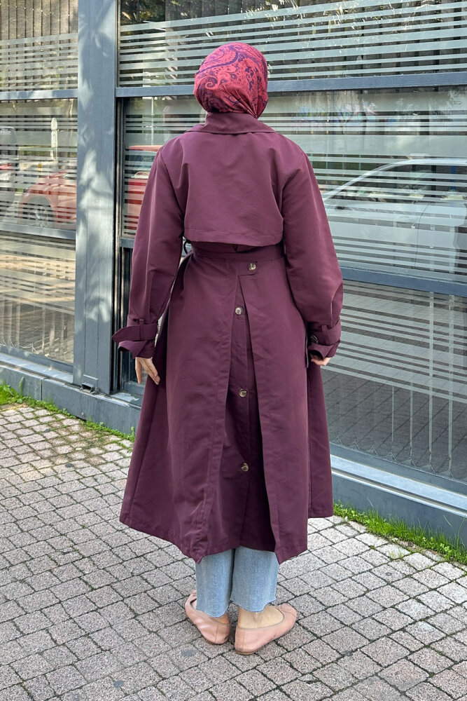 Arka Pile Detaylı Trençkot - Bordo - 2