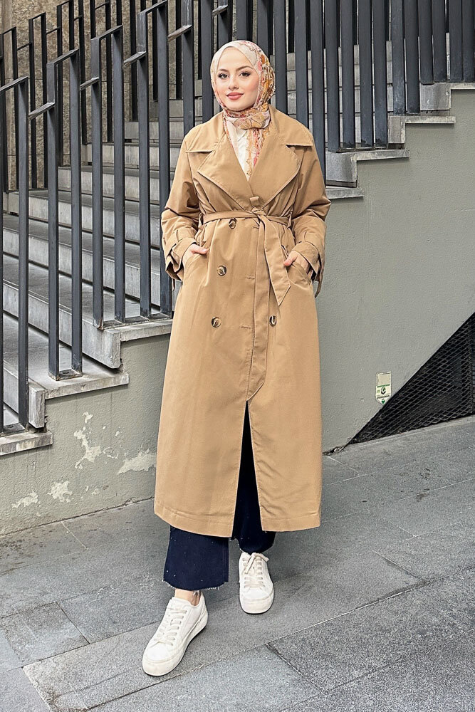 Arka Pile Detaylı Trençkot - Camel - 5