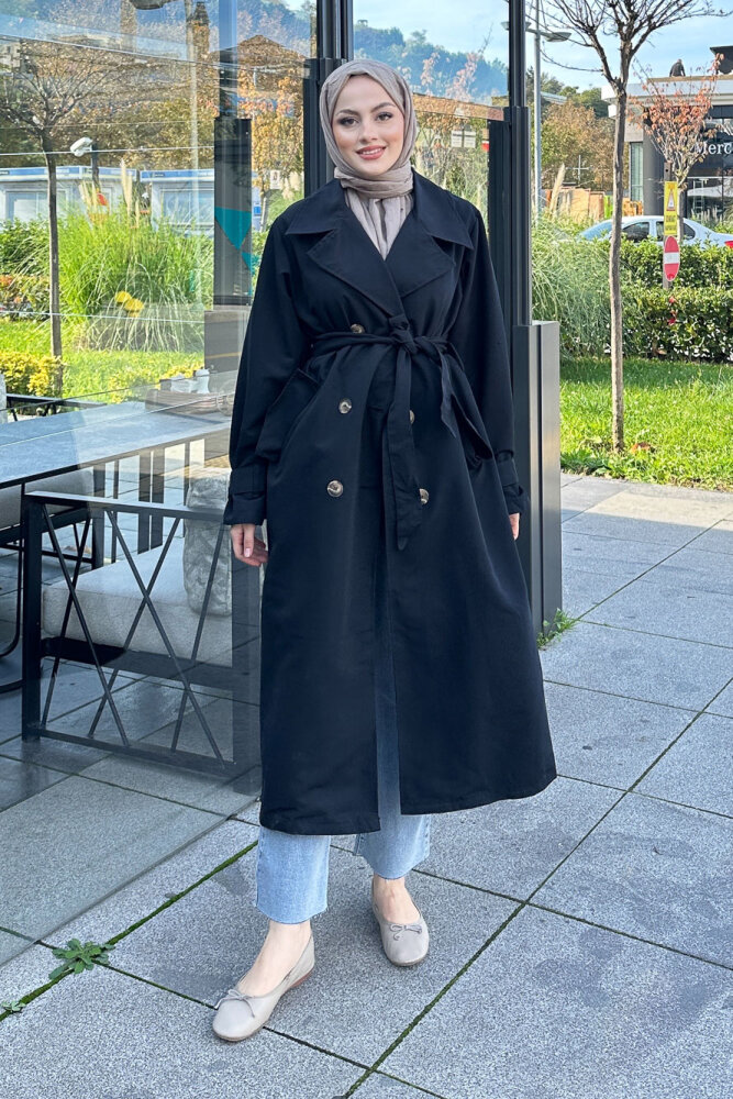 Arka Pile Detaylı Trençkot - Siyah - 4