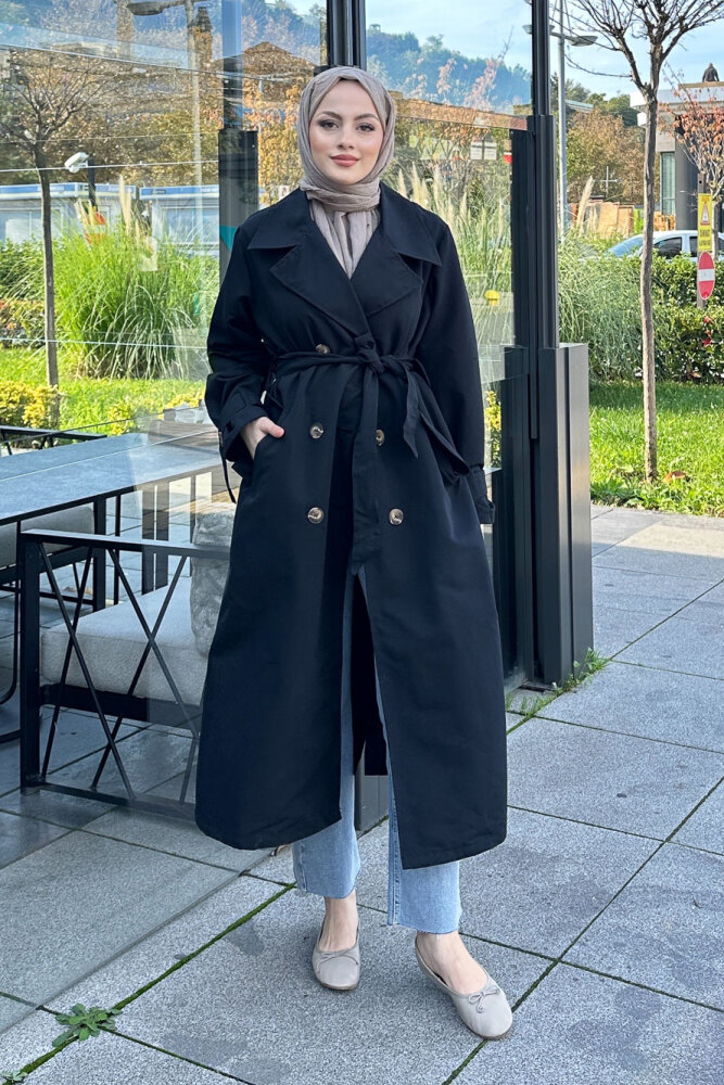 Arka Pile Detaylı Trençkot - Siyah - 1