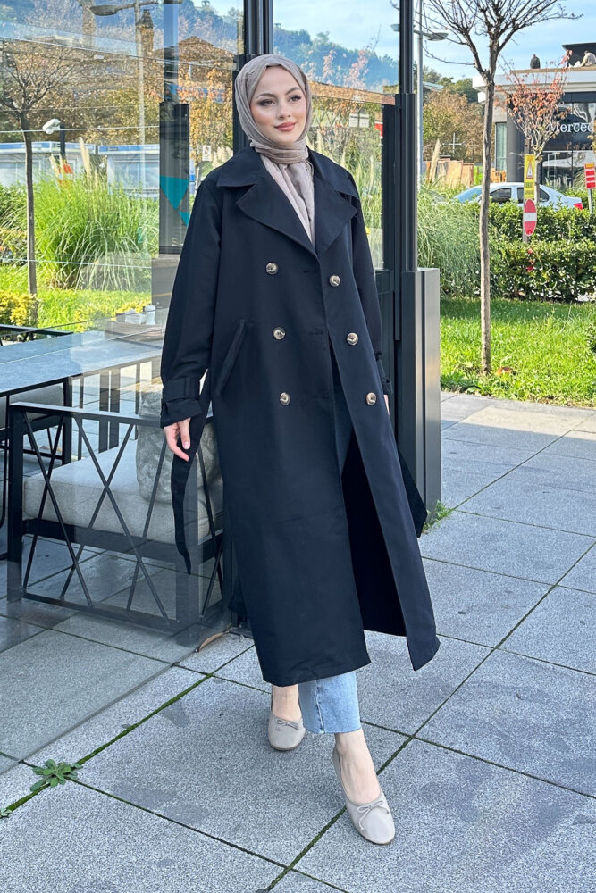 Arka Pile Detaylı Trençkot - Siyah - HENZA (5)