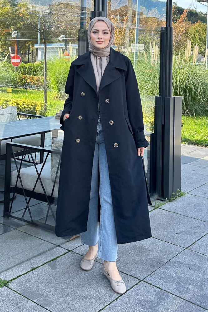 Arka Pile Detaylı Trençkot - Siyah - 8