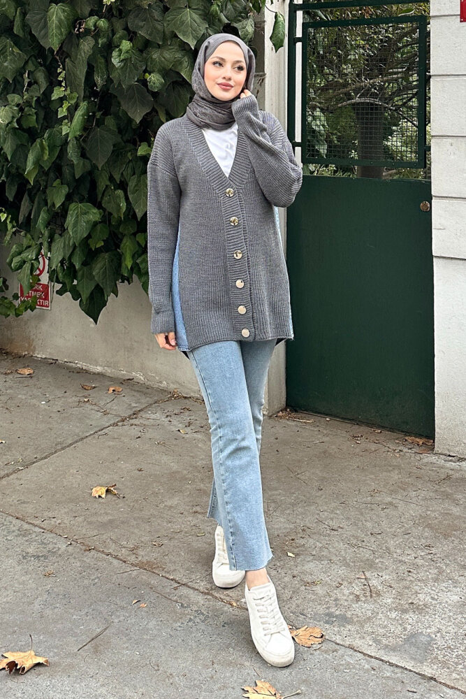 Arkası Denim Triko Hırka - Antrasit - 5