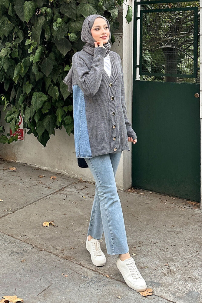 Arkası Denim Triko Hırka - Antrasit - 1