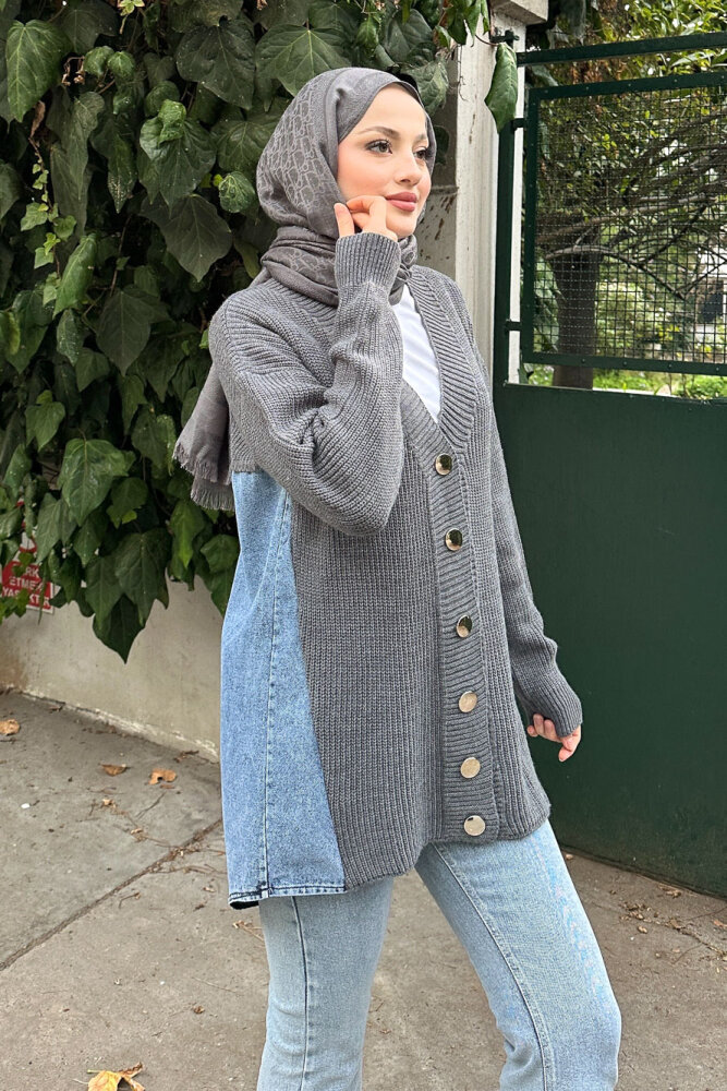 Arkası Denim Triko Hırka - Antrasit - 2