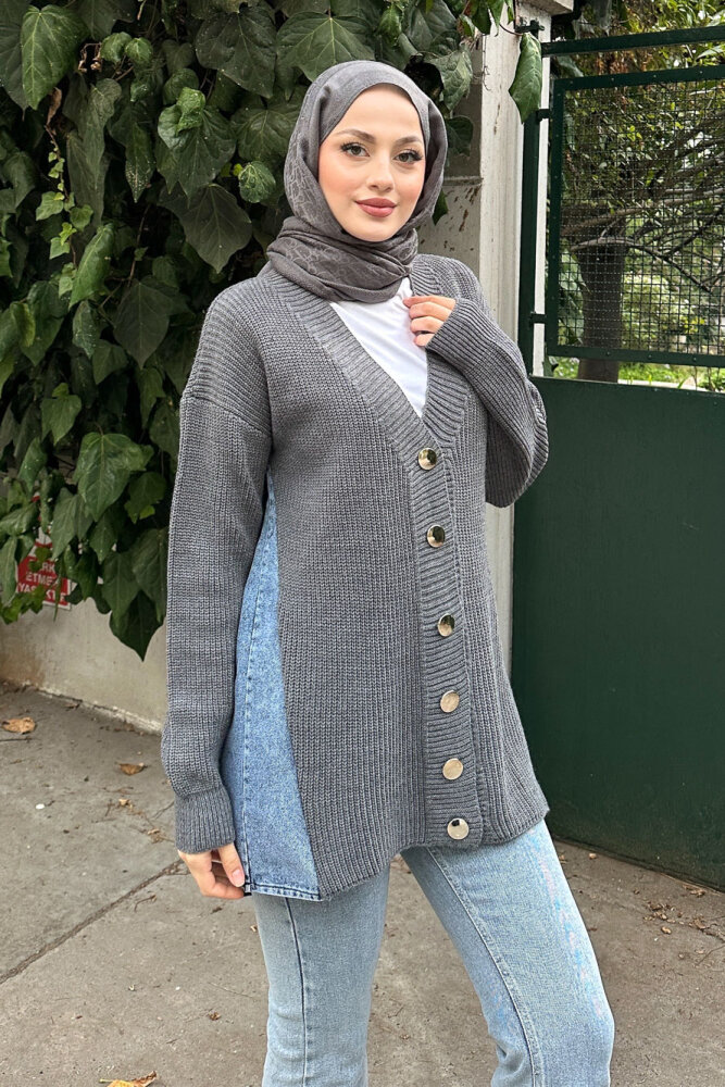 Arkası Denim Triko Hırka - Antrasit - 7
