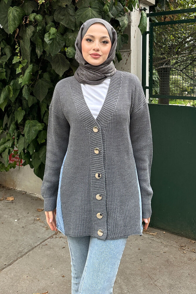 Arkası Denim Triko Hırka - Antrasit - 4