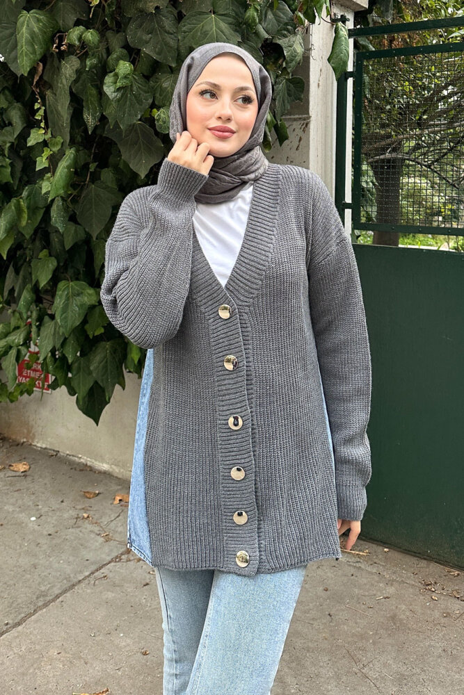 Arkası Denim Triko Hırka - Antrasit - 8