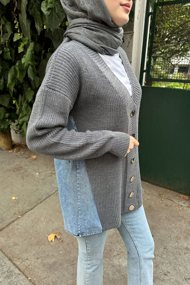 Arkası Denim Triko Hırka - Antrasit - 6